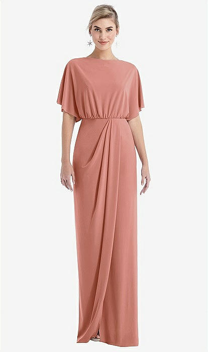 Open-back Three-quarter Sleeve Draped Tulip Skirt Maxi Bridesmaid