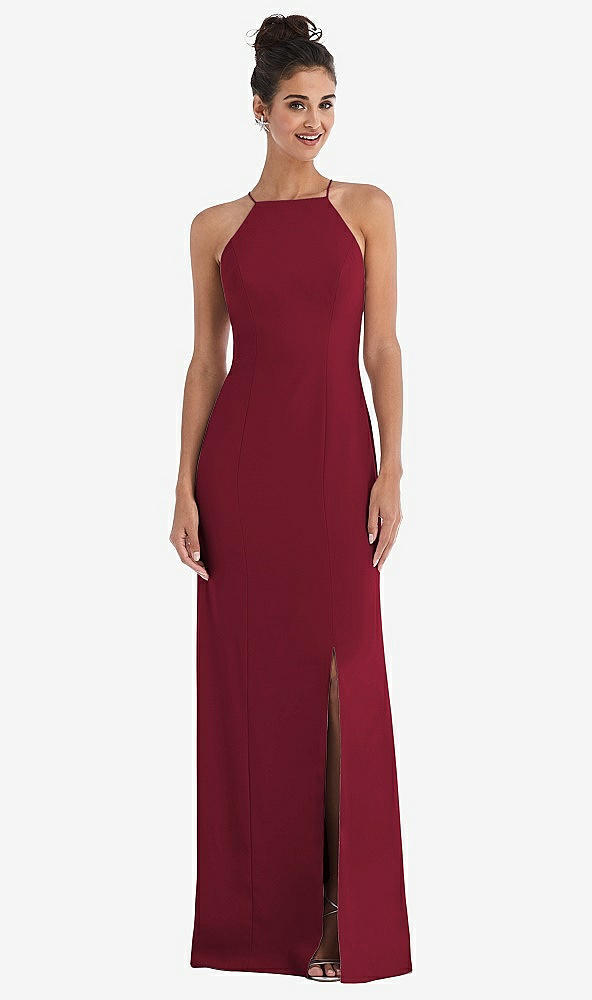 Front View - Burgundy Open-Back High-Neck Halter Trumpet Gown