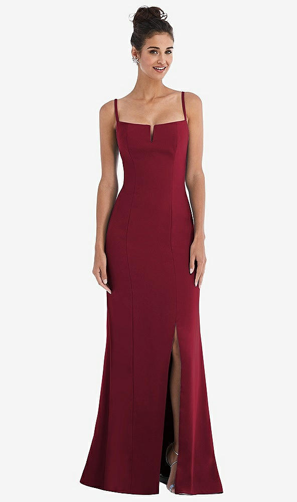 Front View - Burgundy Notch Crepe Trumpet Gown with Front Slit