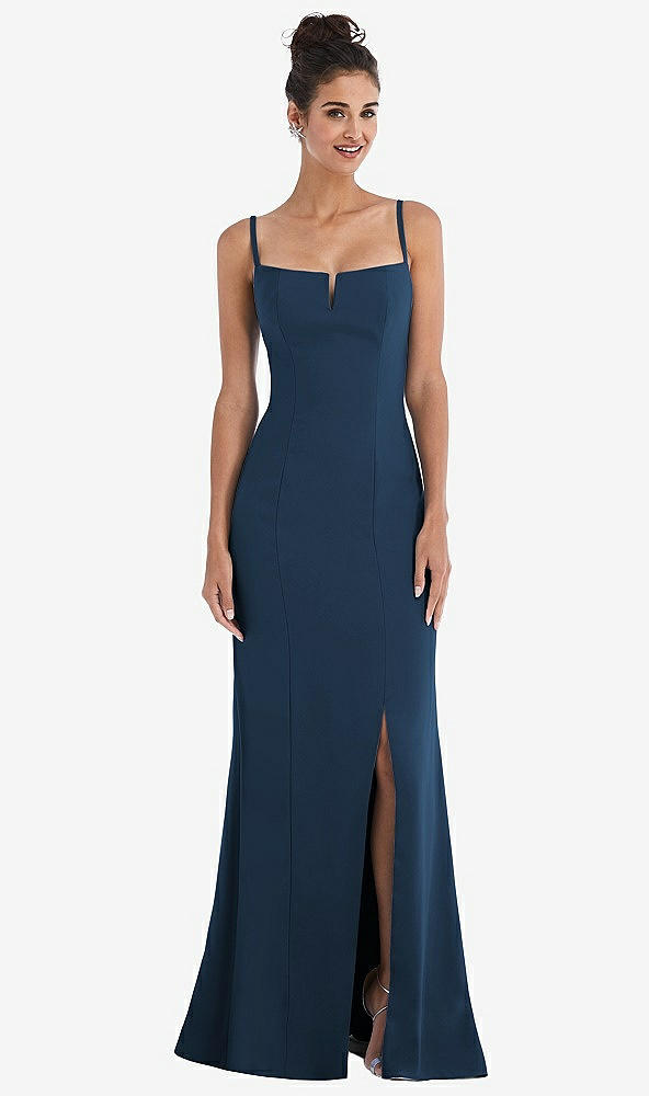 Front View - Sofia Blue Notch Crepe Trumpet Gown with Front Slit