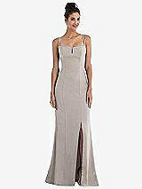 Front View Thumbnail - Taupe Notch Crepe Trumpet Gown with Front Slit