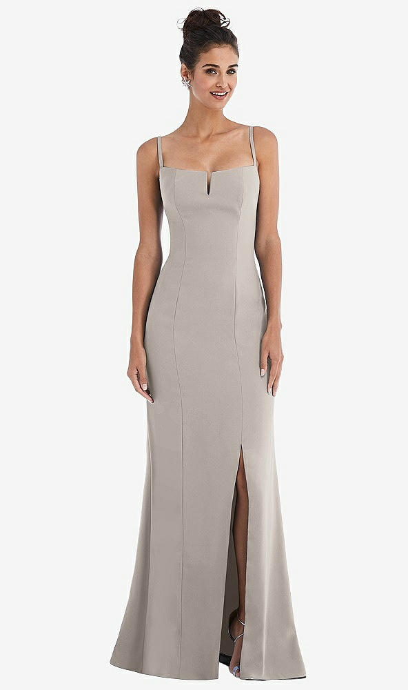 Front View - Taupe Notch Crepe Trumpet Gown with Front Slit
