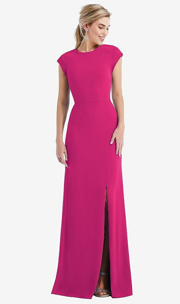 Front View - Think Pink Cap Sleeve Open-Back Trumpet Gown with Front Slit