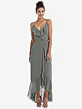 Front View Thumbnail - Charcoal Gray Ruffle-Trimmed V-Neck High Low Wrap Dress