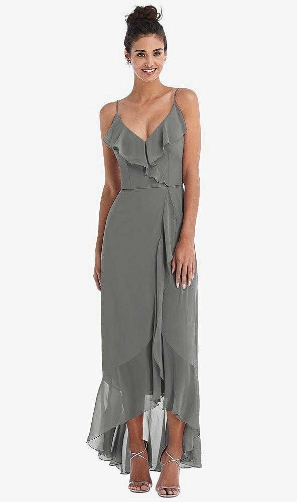 Front View - Charcoal Gray Ruffle-Trimmed V-Neck High Low Wrap Dress