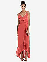 Front View Thumbnail - Perfect Coral Ruffle-Trimmed V-Neck High Low Wrap Dress