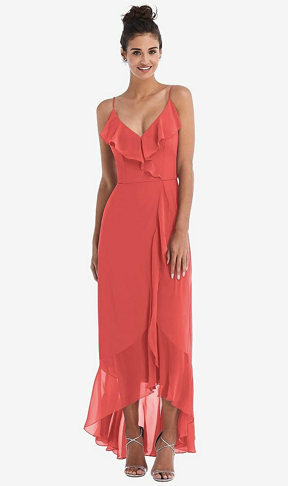 Front View - Perfect Coral Ruffle-Trimmed V-Neck High Low Wrap Dress