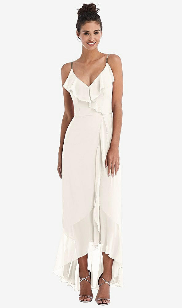 Front View - Ivory Ruffle-Trimmed V-Neck High Low Wrap Dress