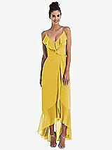 Front View Thumbnail - Marigold Ruffle-Trimmed V-Neck High Low Wrap Dress