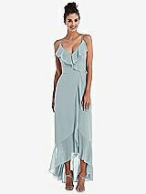 Front View Thumbnail - Morning Sky Ruffle-Trimmed V-Neck High Low Wrap Dress
