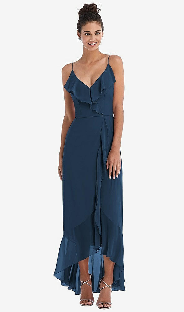 Front View - Sofia Blue Ruffle-Trimmed V-Neck High Low Wrap Dress