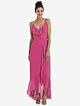 Front View Thumbnail - Tea Rose Ruffle-Trimmed V-Neck High Low Wrap Dress