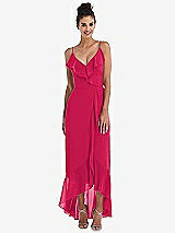 Front View Thumbnail - Vivid Pink Ruffle-Trimmed V-Neck High Low Wrap Dress