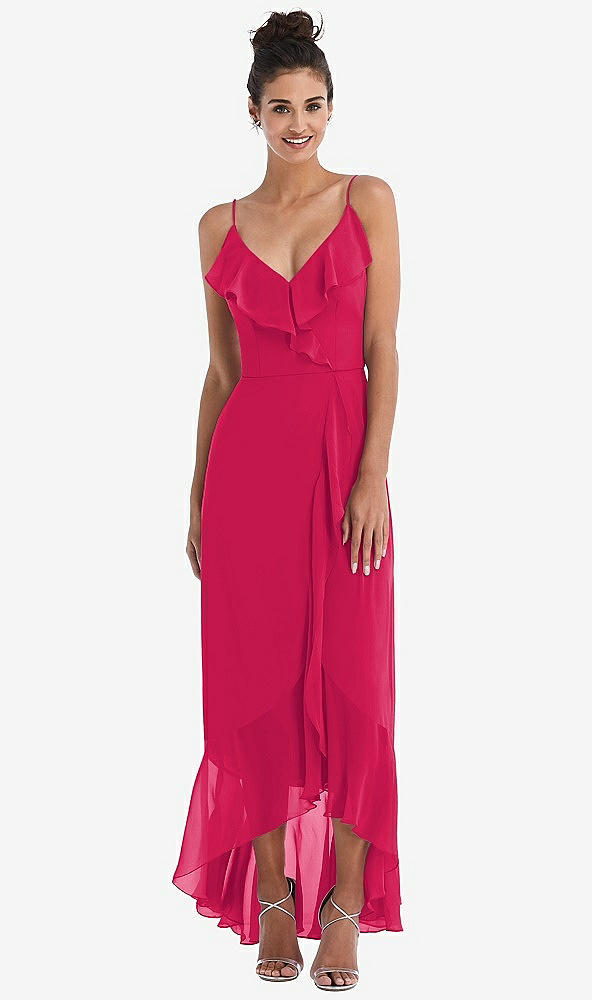 Front View - Vivid Pink Ruffle-Trimmed V-Neck High Low Wrap Dress