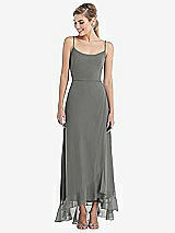 Front View Thumbnail - Charcoal Gray Scoop Neck Ruffle-Trimmed High Low Maxi Dress