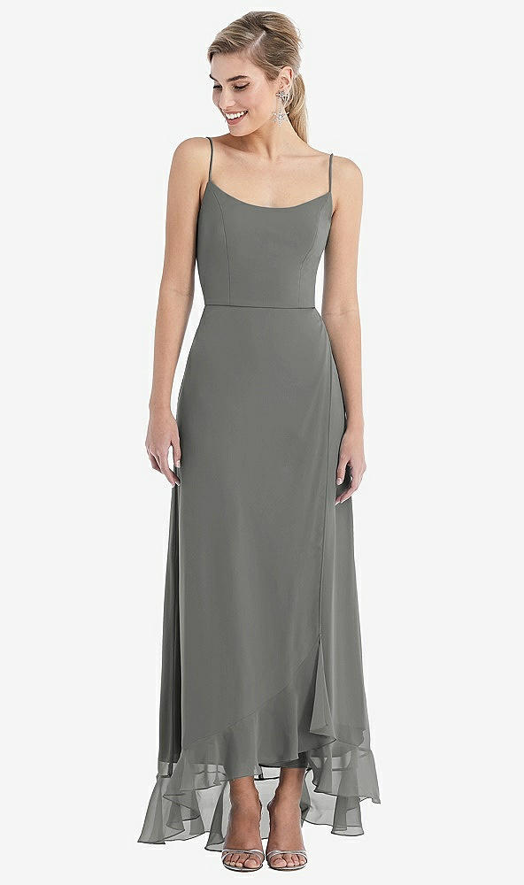 Front View - Charcoal Gray Scoop Neck Ruffle-Trimmed High Low Maxi Dress