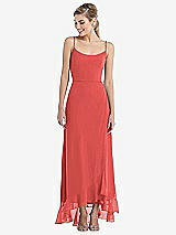 Front View Thumbnail - Perfect Coral Scoop Neck Ruffle-Trimmed High Low Maxi Dress