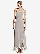 Front View Thumbnail - Taupe Scoop Neck Ruffle-Trimmed High Low Maxi Dress