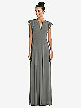 Front View Thumbnail - Charcoal Gray Flutter Sleeve V-Keyhole Chiffon Maxi Dress
