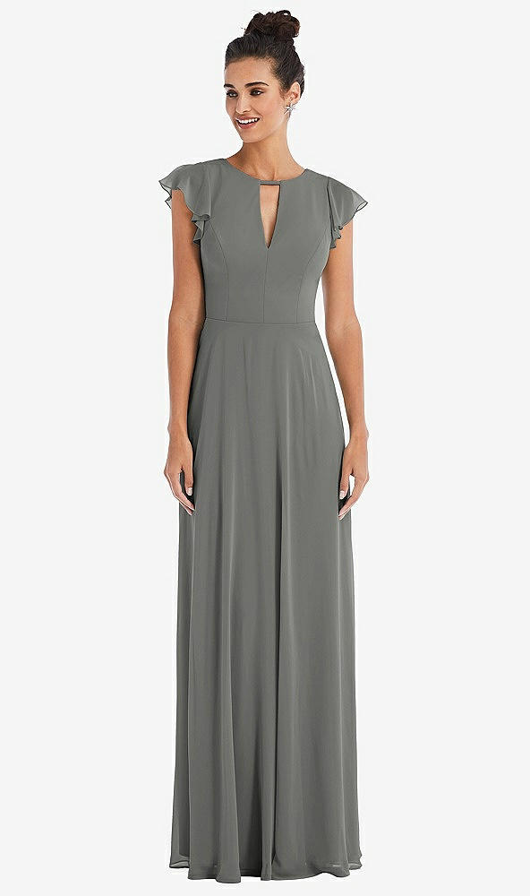 Front View - Charcoal Gray Flutter Sleeve V-Keyhole Chiffon Maxi Dress