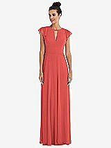 Front View Thumbnail - Perfect Coral Flutter Sleeve V-Keyhole Chiffon Maxi Dress