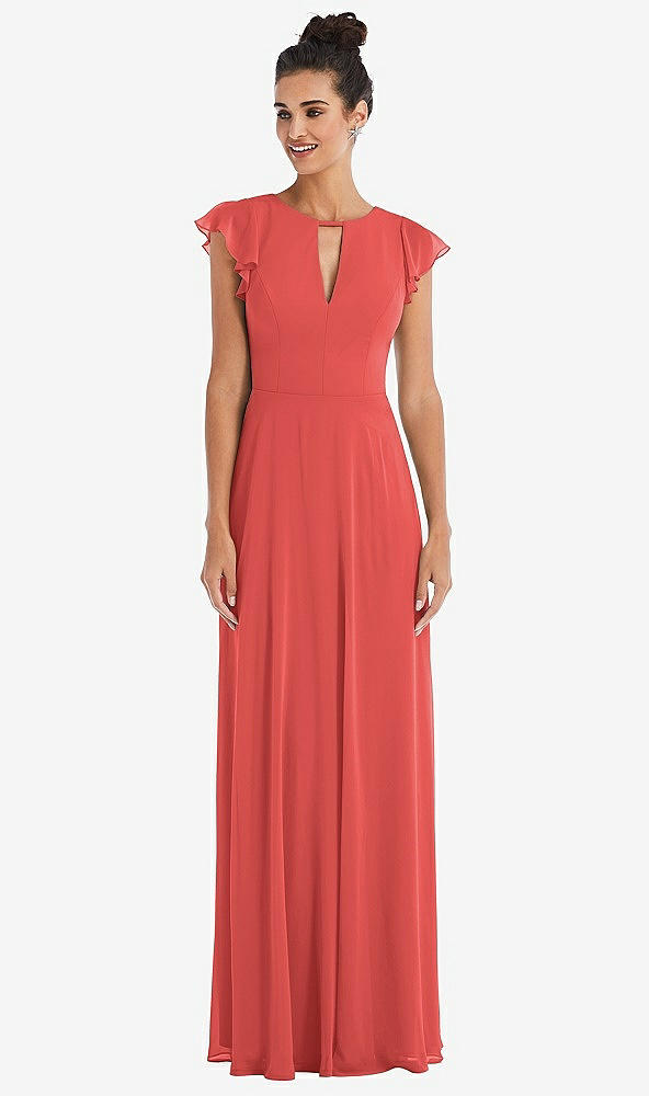 Front View - Perfect Coral Flutter Sleeve V-Keyhole Chiffon Maxi Dress