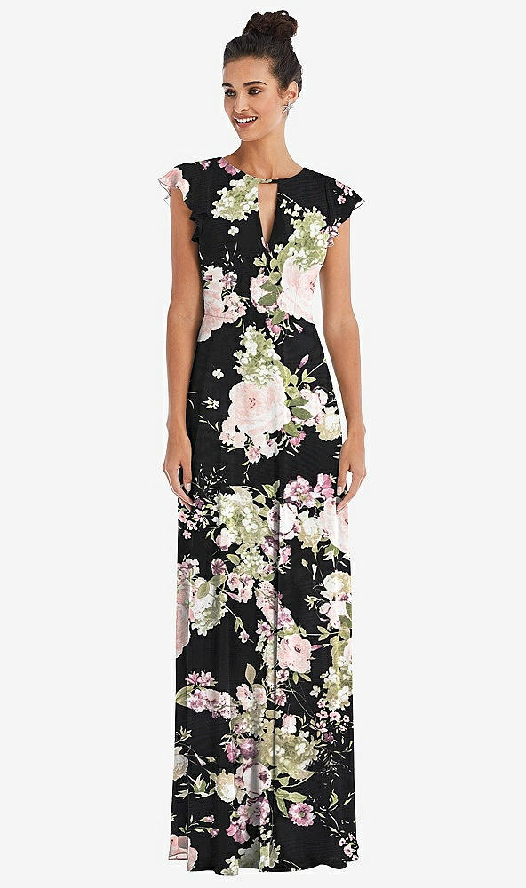 Front View - Noir Garden Flutter Sleeve V-Keyhole Chiffon Maxi Dress