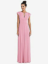 Front View Thumbnail - Peony Pink Flutter Sleeve V-Keyhole Chiffon Maxi Dress