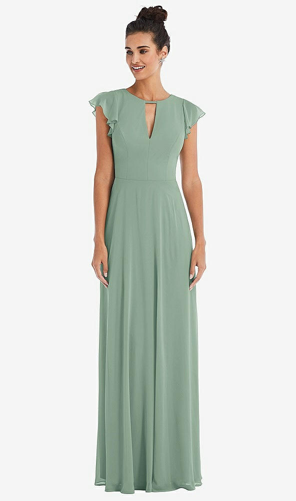 Front View - Seagrass Flutter Sleeve V-Keyhole Chiffon Maxi Dress