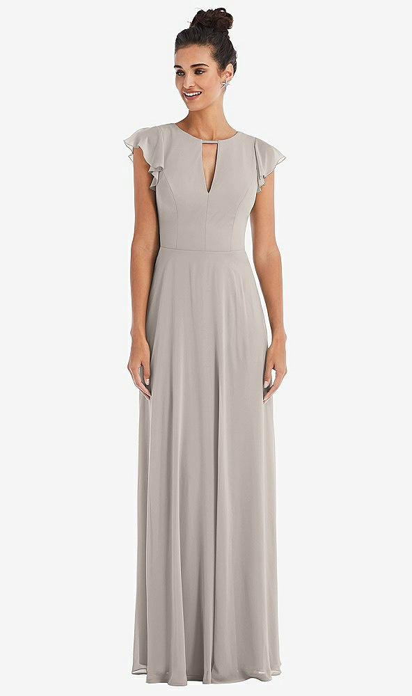 Front View - Taupe Flutter Sleeve V-Keyhole Chiffon Maxi Dress