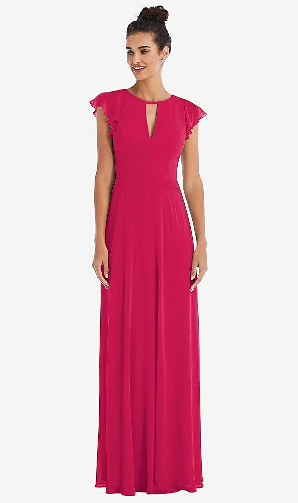 Front View - Vivid Pink Flutter Sleeve V-Keyhole Chiffon Maxi Dress