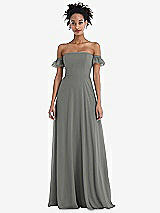 Front View Thumbnail - Charcoal Gray Off-the-Shoulder Ruffle Cuff Sleeve Chiffon Maxi Dress