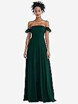 Front View Thumbnail - Evergreen Off-the-Shoulder Ruffle Cuff Sleeve Chiffon Maxi Dress