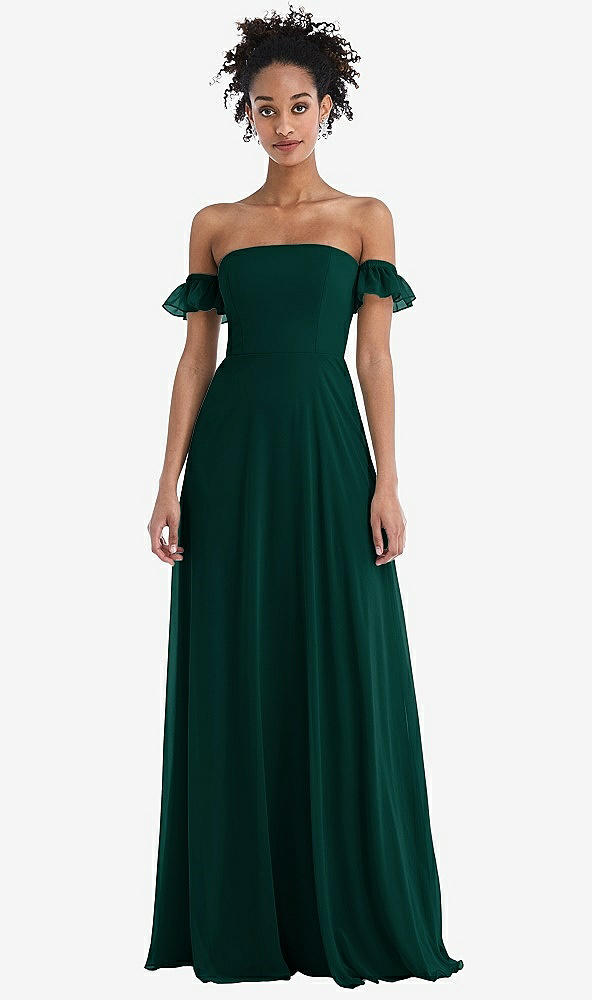 Front View - Evergreen Off-the-Shoulder Ruffle Cuff Sleeve Chiffon Maxi Dress