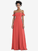 Front View Thumbnail - Perfect Coral Off-the-Shoulder Ruffle Cuff Sleeve Chiffon Maxi Dress
