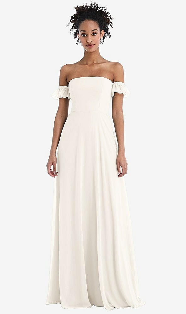 Front View - Ivory Off-the-Shoulder Ruffle Cuff Sleeve Chiffon Maxi Dress
