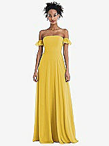 Front View Thumbnail - Marigold Off-the-Shoulder Ruffle Cuff Sleeve Chiffon Maxi Dress