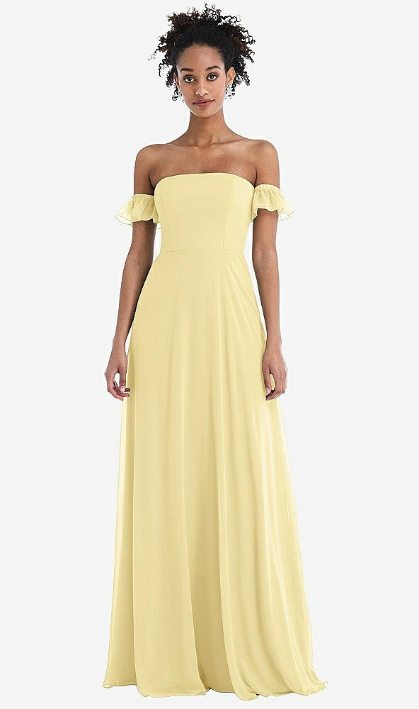 Front View - Pale Yellow Off-the-Shoulder Ruffle Cuff Sleeve Chiffon Maxi Dress