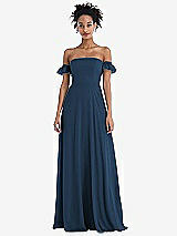 Front View Thumbnail - Sofia Blue Off-the-Shoulder Ruffle Cuff Sleeve Chiffon Maxi Dress