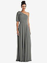 Front View Thumbnail - Charcoal Gray Bow One-Shoulder Flounce Sleeve Maxi Dress
