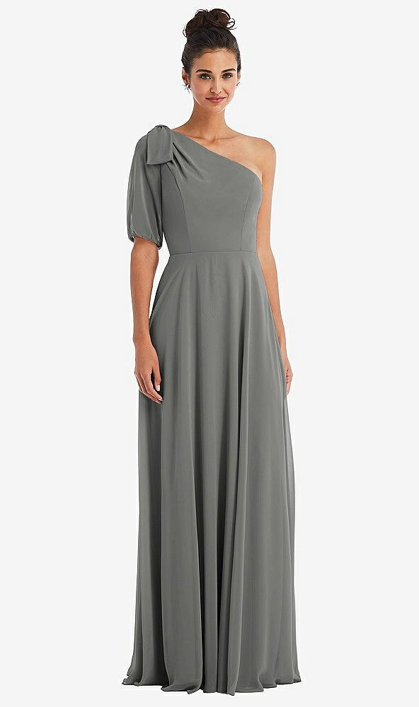 Front View - Charcoal Gray Bow One-Shoulder Flounce Sleeve Maxi Dress