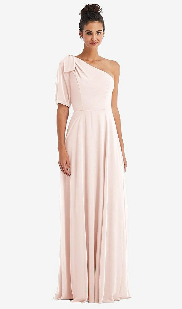Front View - Blush Bow One-Shoulder Flounce Sleeve Maxi Dress
