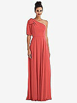Front View Thumbnail - Perfect Coral Bow One-Shoulder Flounce Sleeve Maxi Dress