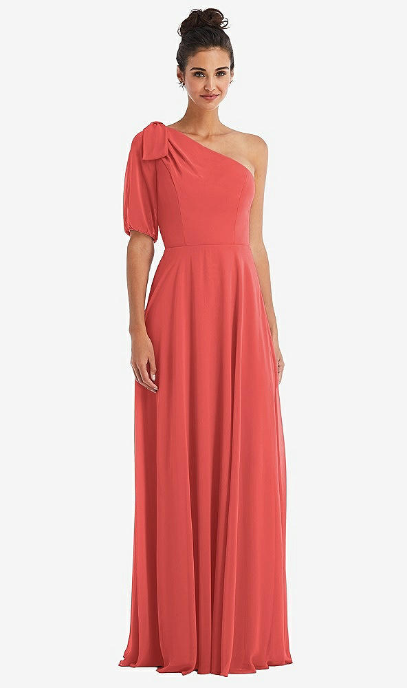 Front View - Perfect Coral Bow One-Shoulder Flounce Sleeve Maxi Dress