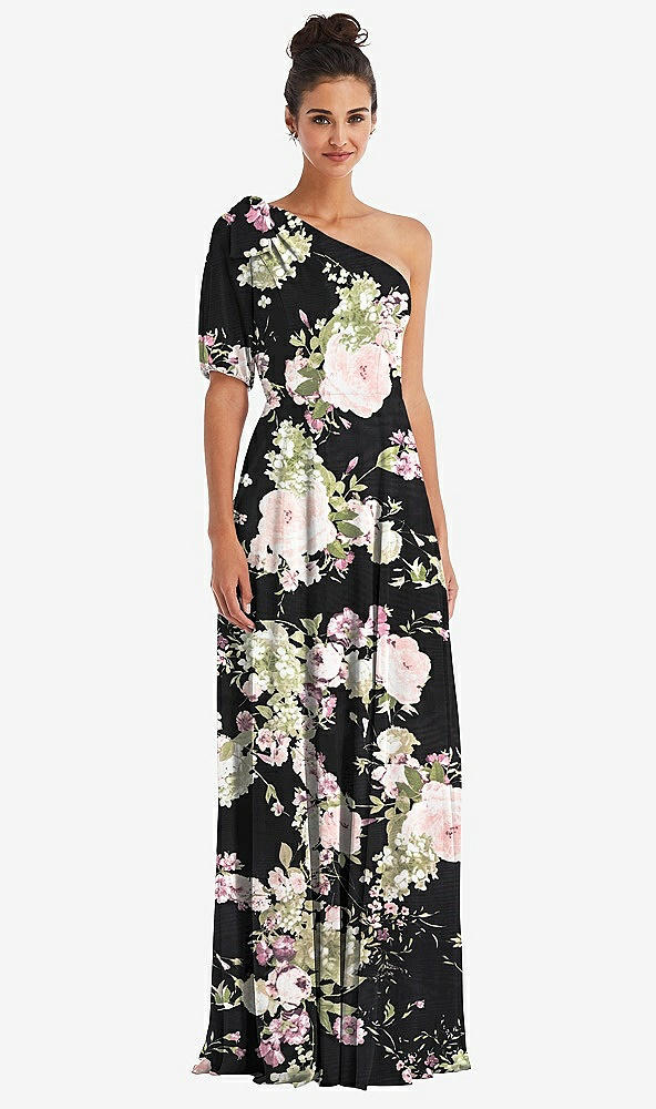 Front View - Noir Garden Bow One-Shoulder Flounce Sleeve Maxi Dress