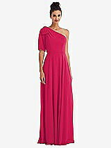 Front View Thumbnail - Vivid Pink Bow One-Shoulder Flounce Sleeve Maxi Dress