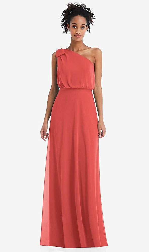 Front View - Perfect Coral One-Shoulder Bow Blouson Bodice Maxi Dress