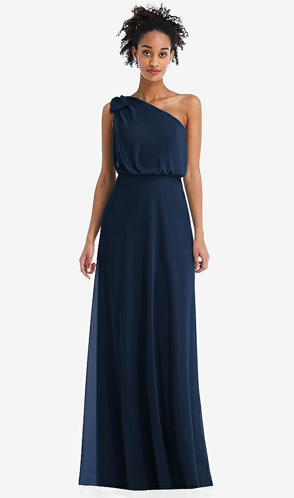 Front View - Midnight Navy One-Shoulder Bow Blouson Bodice Maxi Dress