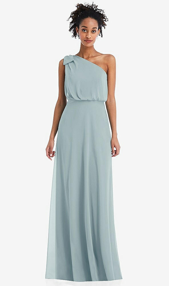 Front View - Morning Sky One-Shoulder Bow Blouson Bodice Maxi Dress