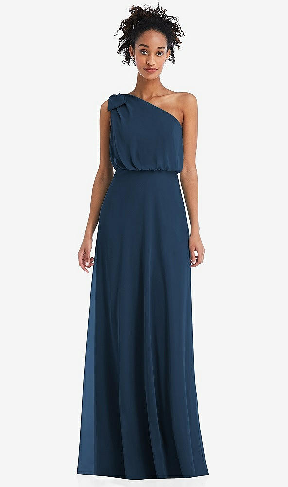Front View - Sofia Blue One-Shoulder Bow Blouson Bodice Maxi Dress